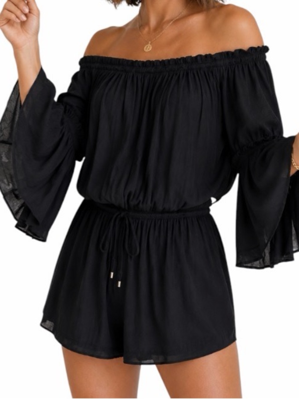Elan Black Off Shoulder Bell Sleeve Romper Boho Drawstring Waist Size - Picture 2 of 8